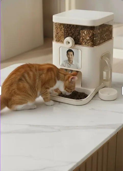 Cat eating beside the Intellipaws smart feeder