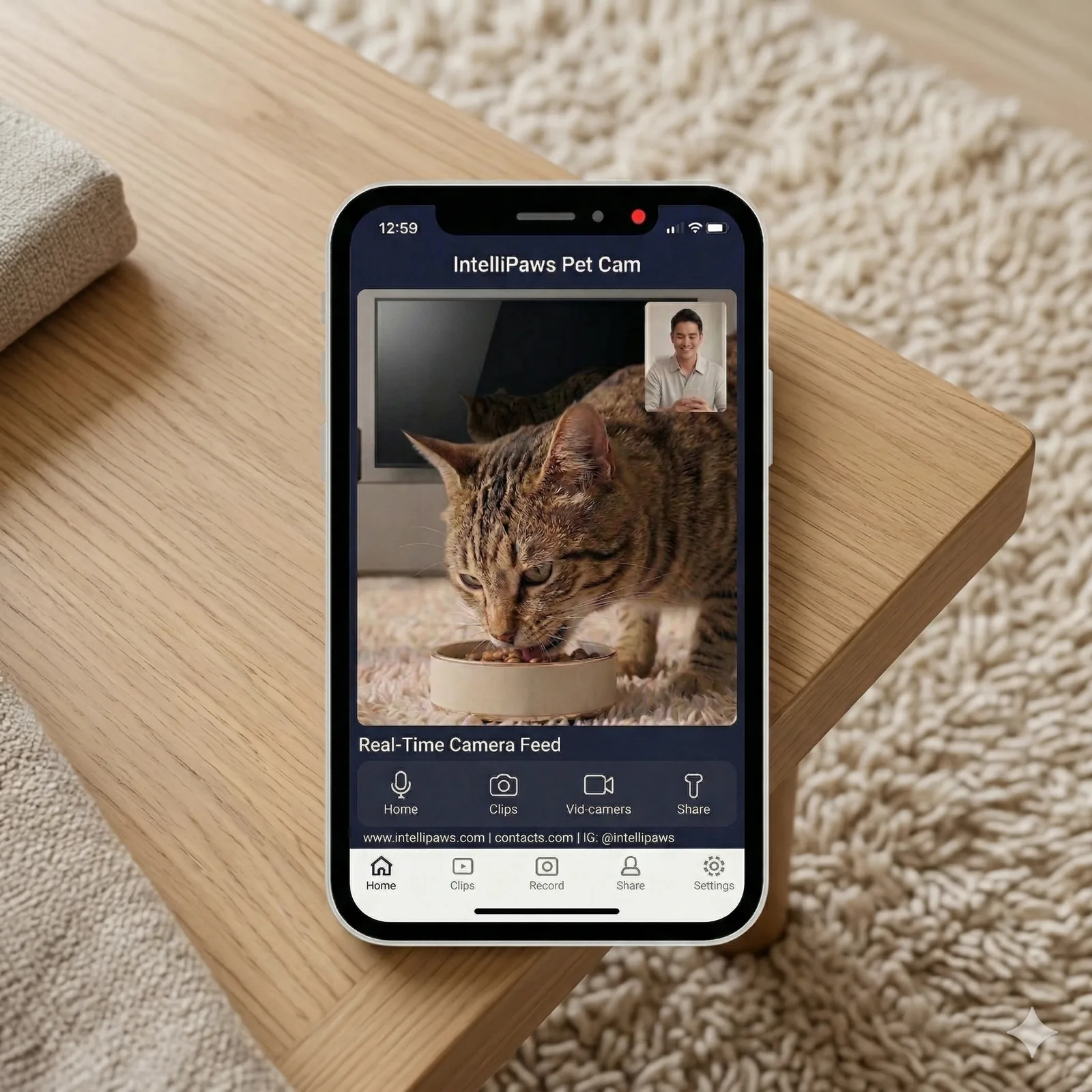 Intellipaws pet camera interface showing real-time feed and two-way communication