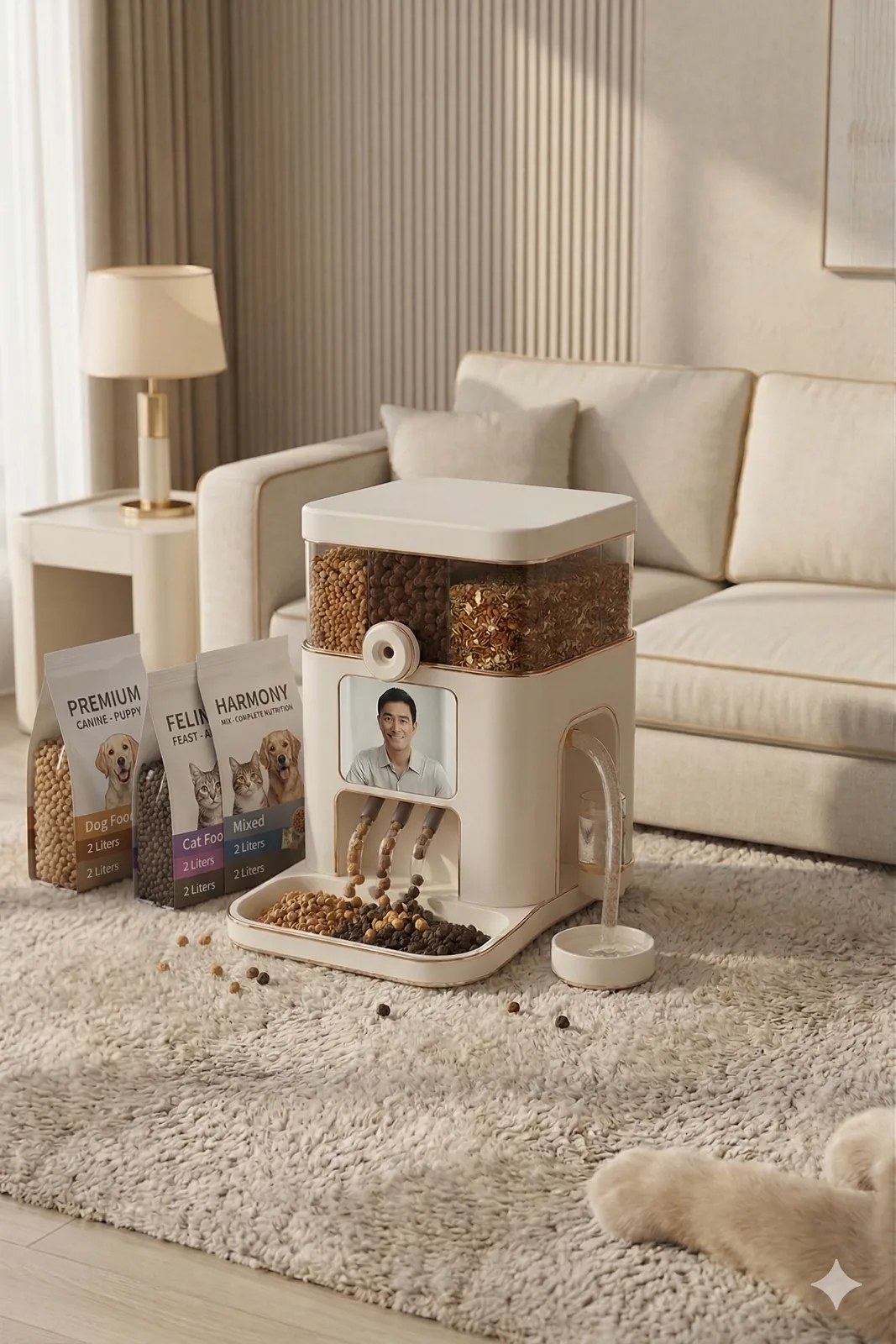 Intellipaws with pet food packs beside the feeder to show food capacity