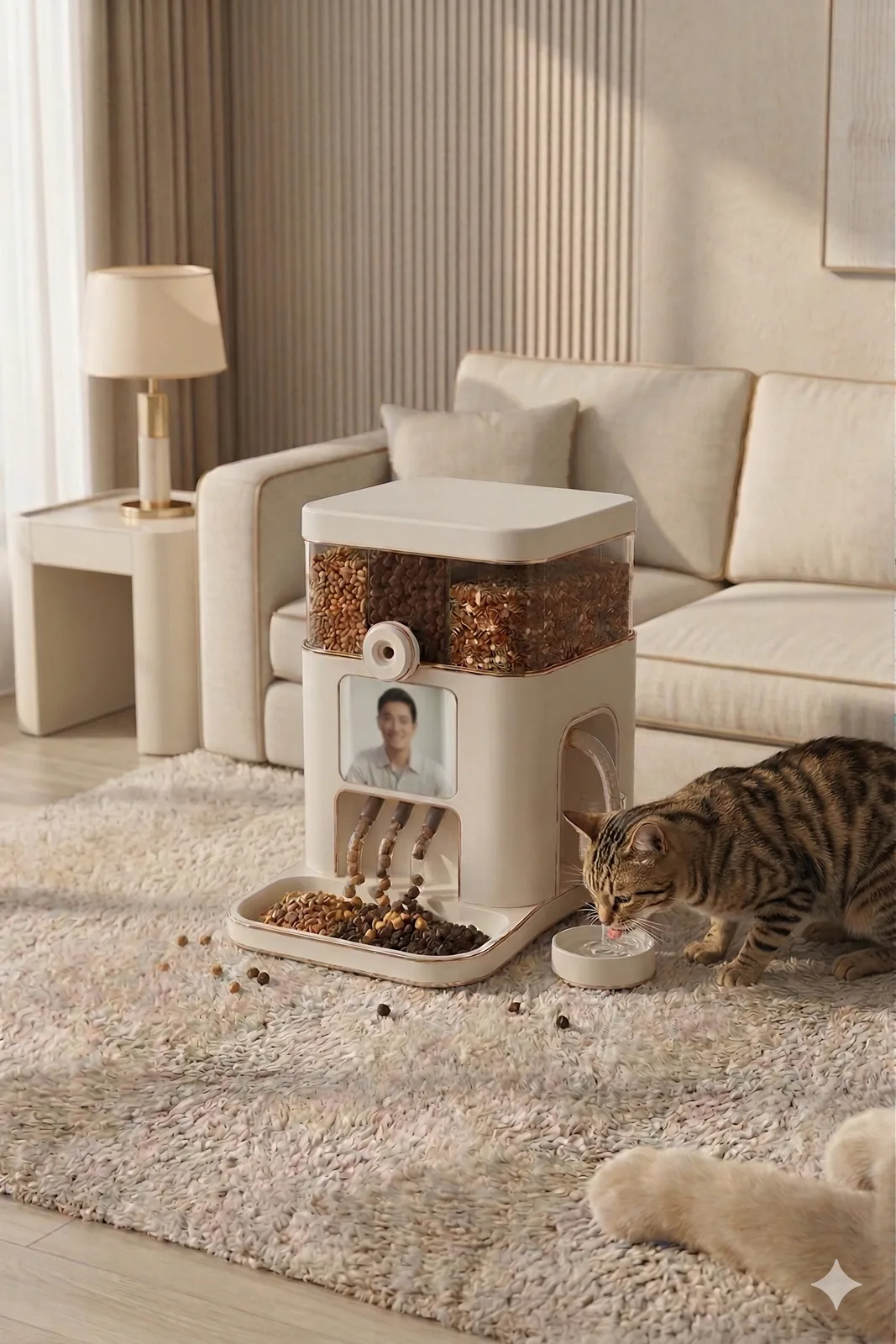 Intellipaws water system with a cat drinking beside the feeder